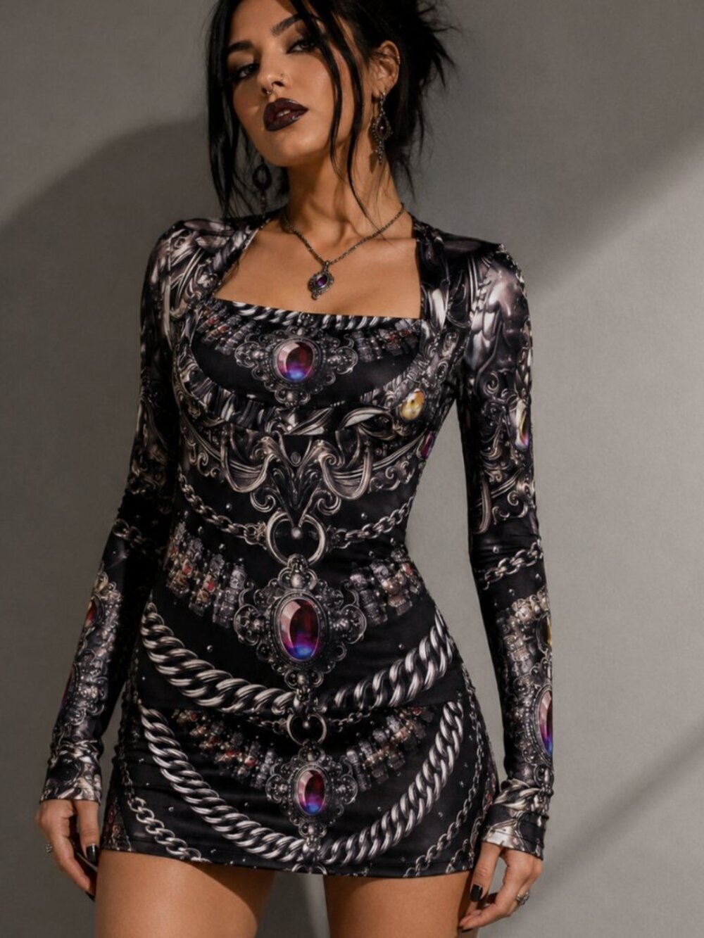 Gothic Angel Cotton Mini Dress Baroque Hooded Shirtdress, Bejeweled Silver XL